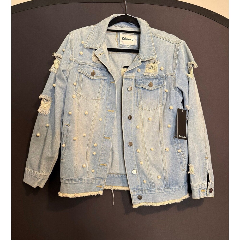 Between Us Pearl Studded Distressed Denim Jacket Size M Light Wash